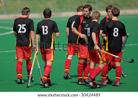 BLOEMFONTEIN, SOUTH AFRICA - MARCH 14: German players at an international men\'s field hockey game between Germany and South Africa March 14, 2009 in Bloemfontein. Germany won 4-3.