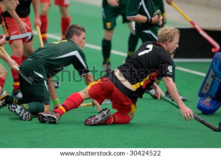 BLOEMFONTEIN, SOUTH AFRICA - MARCH 14: A German player in action during an international men's field hockey game between Germany and South Africa March 14, 2009 in Bloemfontein. Germany won 4-3.