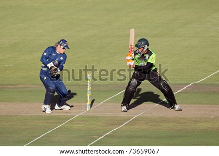 SOUTH AFRICA - DECEMBER 22: Justin Kreusch & Morne van Wyk during a one-day cricket match between the Knights and Warriors (Knights won them match) on November 12, 2010 in Bloemfontein, South Africa