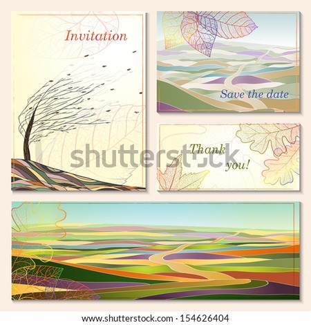 Invitation, thank you card, save the date cards with autumn landscapes and leaves. Doodle brochure template card with your text for background, backdrop, gift, invitation, banner, design element.
