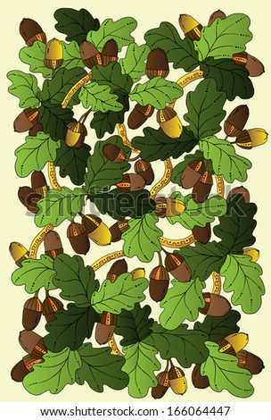 Floral card, hand drawn retro oak leaves and acorns. Graphic background.
