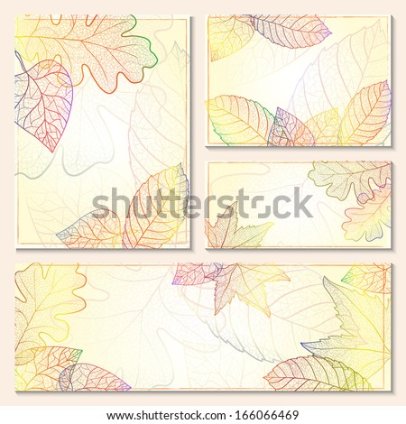 Invitation, thank you card, save the date cards with colored autumn leaves. Doodle brochure beauty template card with your text for background, backdrop, gift, invitation, banner, design element.