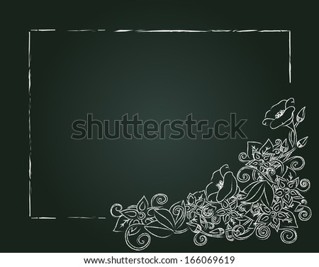 floral card, hand drawn chalk flowers and leaves on the dark background. Horizontal format (vertical format in my portfolio).