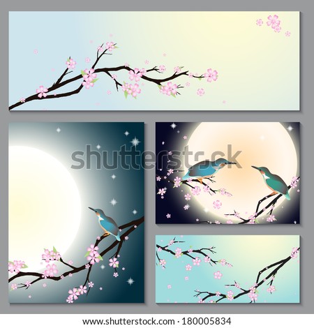 Invitation, thank you card, save the date cards with stylized cherry blossom, moon and bird. Brochure template card with your text for background, backdrop, gift, invitation, banner, design element.