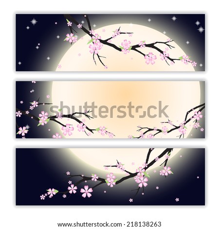 Invitation, thank you card, save the date cards with stylized cherry blossom and moon.