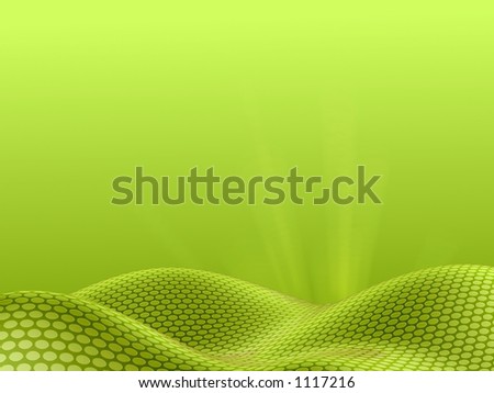Green landscape, rendered in dots with sunburst, green sky version