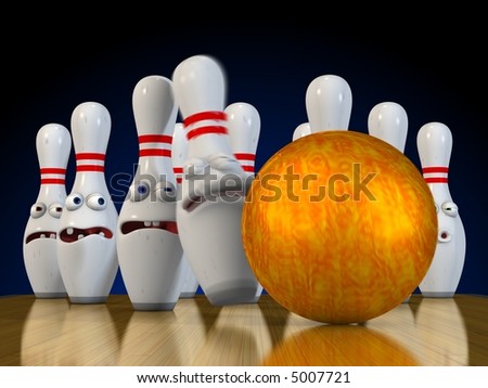 Ten pin bowling pins bracing for impact from the bowling ball