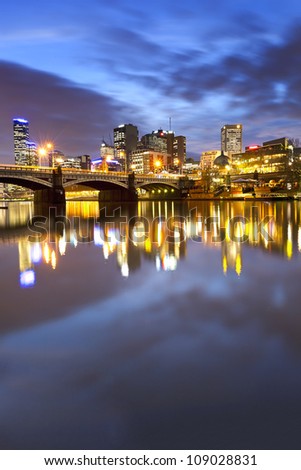 Melbourne, Australia, viewed over the Yarra River at dusk.