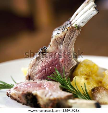 Rack of lamb with rosemary and roasted potatoes.
