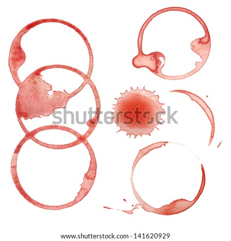Collection of red wine stains, isolated on white.
