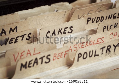 Old recipe box, with sections for cakes, meats, etc.