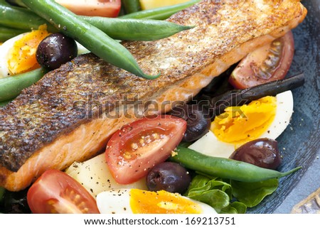 Salad nicoise with grilled atlantic salmon.  Delicious, healthy eating.