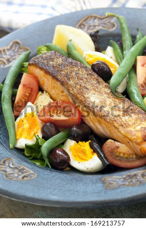Salad nicoise with grilled atlantic salmon.  Delicious, healthy eating.