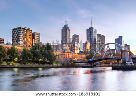 Melbourne, Australia, in early morning light. Yarra River, towards Flinders Street Station.
