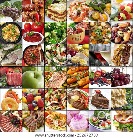 Big collage of food images.  Variety of meals, meat, fish, fruits, vegetables, dairy, salads, desserts.