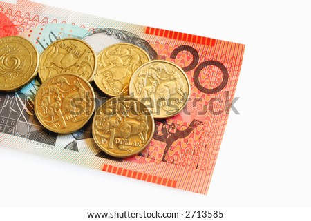 Australian One Dollar Coins on a Twenty Dollar Note.