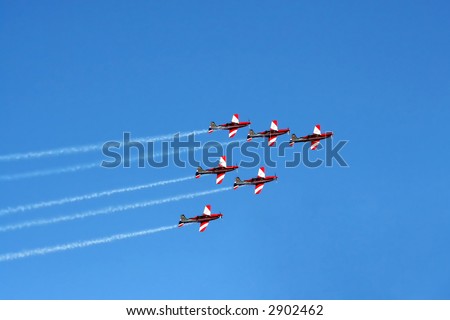 The RAAF Roulettes performing on a brilliant summer day.  (RAAF = Royal Australian Air Force.)