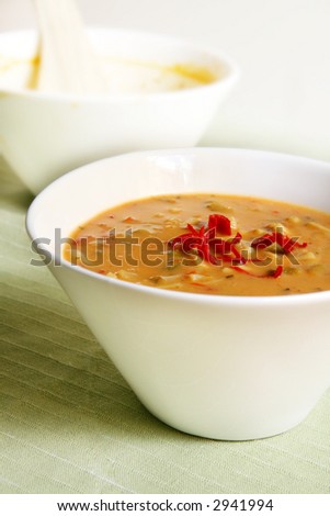 laksa cartoon. laksa soup. stock photo : Laksa Soup in a stylish white bowl on pale green