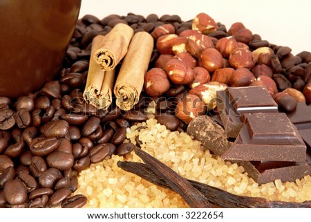 Coffee flavors:  coffee beans, a brown coffee mug, raw sugar, cinnamon sticks, chocolate chunks, vanilla beans, and hazelnuts.