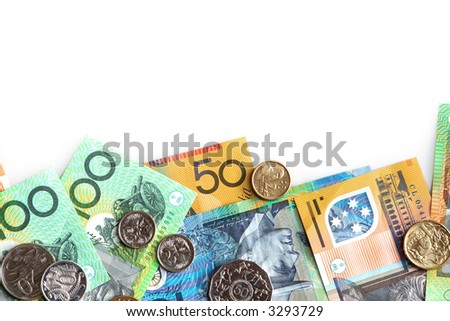 Australian notes and coins, on white background.