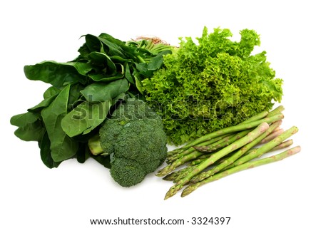 Eat your greens ~ spinach, broccoli, curly lettuce and asparagus.  Healthy eating.