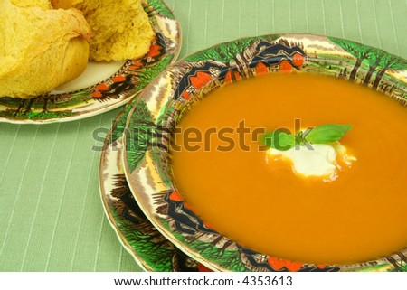 Pumpkin soup with fresh pumpkin bread, in classic English country bone china.