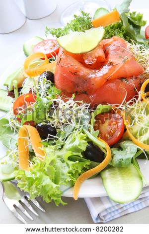 Smoked salmon salad, with mixed greens, cherry tomatoes, avocado, black olives, carrots, sprouts, cucumber, and lime.  Delicious healthy eating.