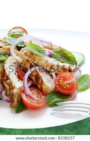 Chicken cucumber and mint salad.  Chicken breast marinated in spiced yoghurt and grilled, served with cherry tomatoes, cucumber, mint leaves and red onion.