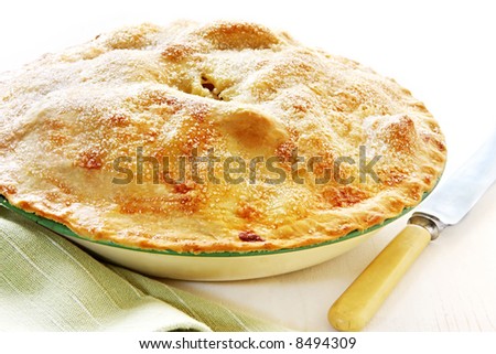 Home-baked apple pie, straight from the oven, in vintage enamel pie plate.  With bone-handled knife, ready for cutting.