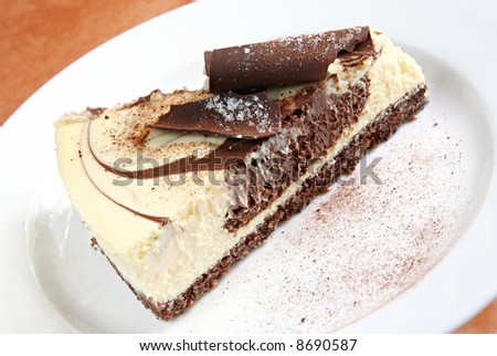 Chocolate cheesecake, baked to perfection.  On white plate with terracotta background.  Delicious!