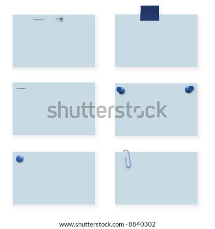 Blank blue labels.  Variety of labels, fastened with pearl-headed straight pin, tape, staple, pushpins, thumbtack, and paperclip.