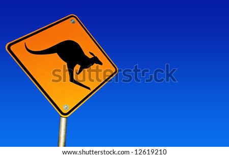 Kangaroo road warning sign, with brilliant blue Australian desert sky behind.  Clipping path included.