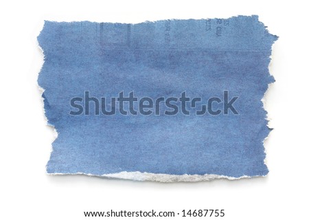 Torn blue-toned newspaper, casting natural shadow on white.
