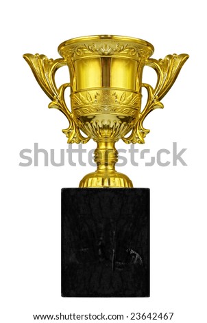 Golden trophy on black marble base, isolated on white.  Copy-space for your message.