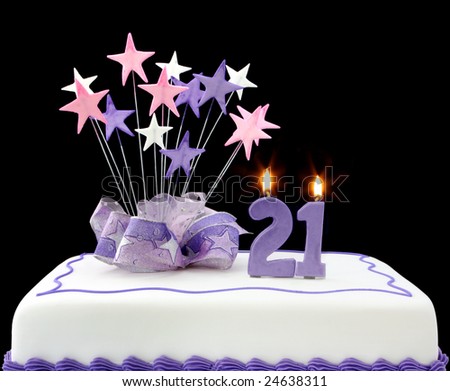 Birthday Cake on Cake With Number 21 Candles  Decorated With Ribbons And Star Shapes