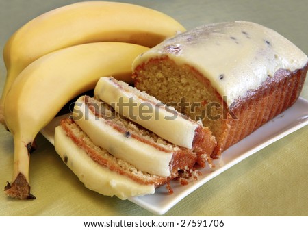 Banana cake with a cream cheese and passionfruit icing.