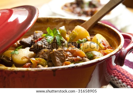 Traditional goulash or beef stew, in red crock pot, ready to serve.  Shallow DOF.