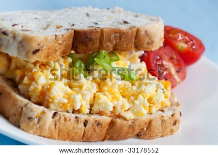 Sandwich with egg salad.  Wholewheat bread, with cherry tomatoes on the side.  Shallow DOF.
