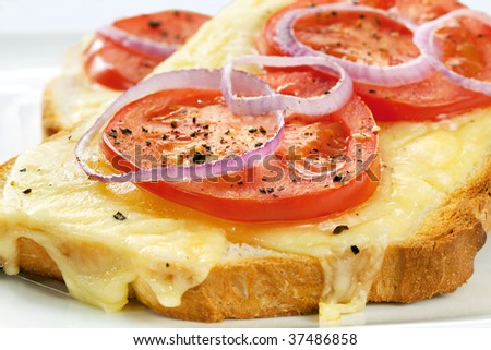 Toast topped with grilled cheese, tomato and red onion.  Delicious snacking!