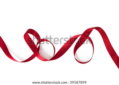 Red satin ribbon, curling over white background.
