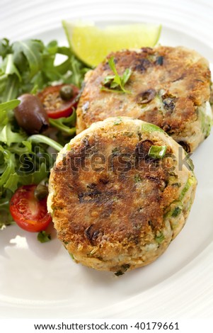 Salmon fishcakes with a side salad.  Healthy, delicious seafood.