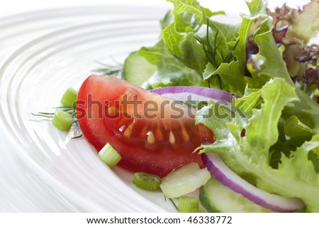 Side salad with mixed lettuce leaves, tomato, cucumber, celery and red onion.  Sunlit healthy eating.