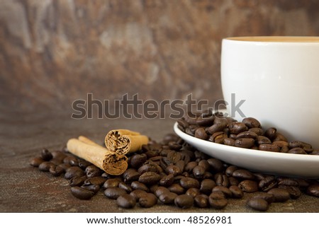 Coffee beans, cinnamon sticks, and white coffee cup, over stone background.