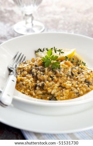 Delicious risotto, with salmon, pumpkin and dill, served with lemon.  It was delicious!