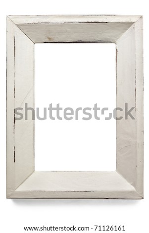 Distressed white painted picture frame, isolated on white.