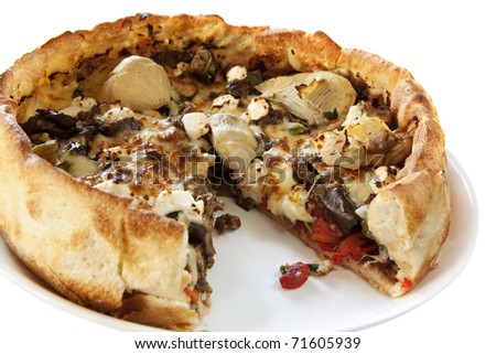Chicago style deep dish pizza.  Topped with artichokes, olives, peppers, feta and mozzarella cheeses.