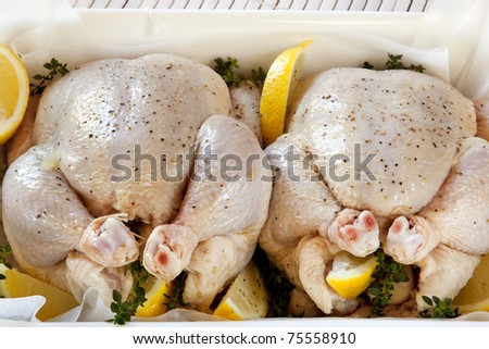 Two organic chickens, with lemon, thyme and garlic, in an oven dish ready for roasting.