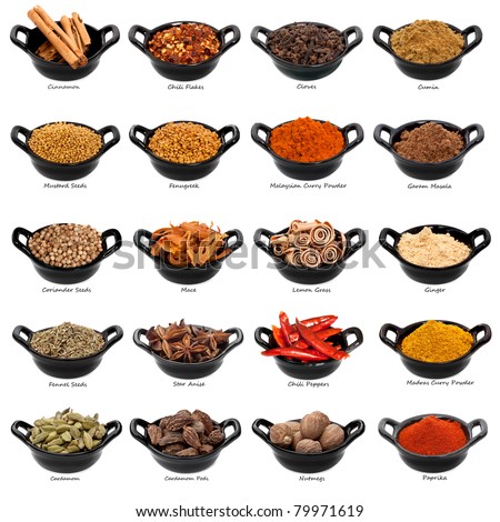Lots of spices in small black dishes, with names beneath.  Large file.