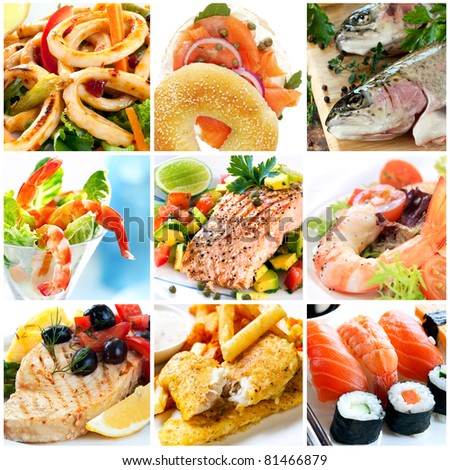 Collage of seafood images.  Includes calamari, smoked salmon, rainbow trout, prawns, atlantic salmon, swordfish, traditional fish and chips, and sushi.