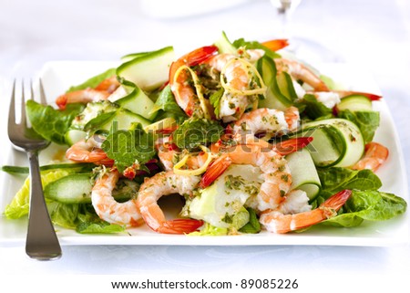 Shrimp or prawn salad, with baby cos lettuce, cucumber, and a healthy lemon, mint and parsley dressing.